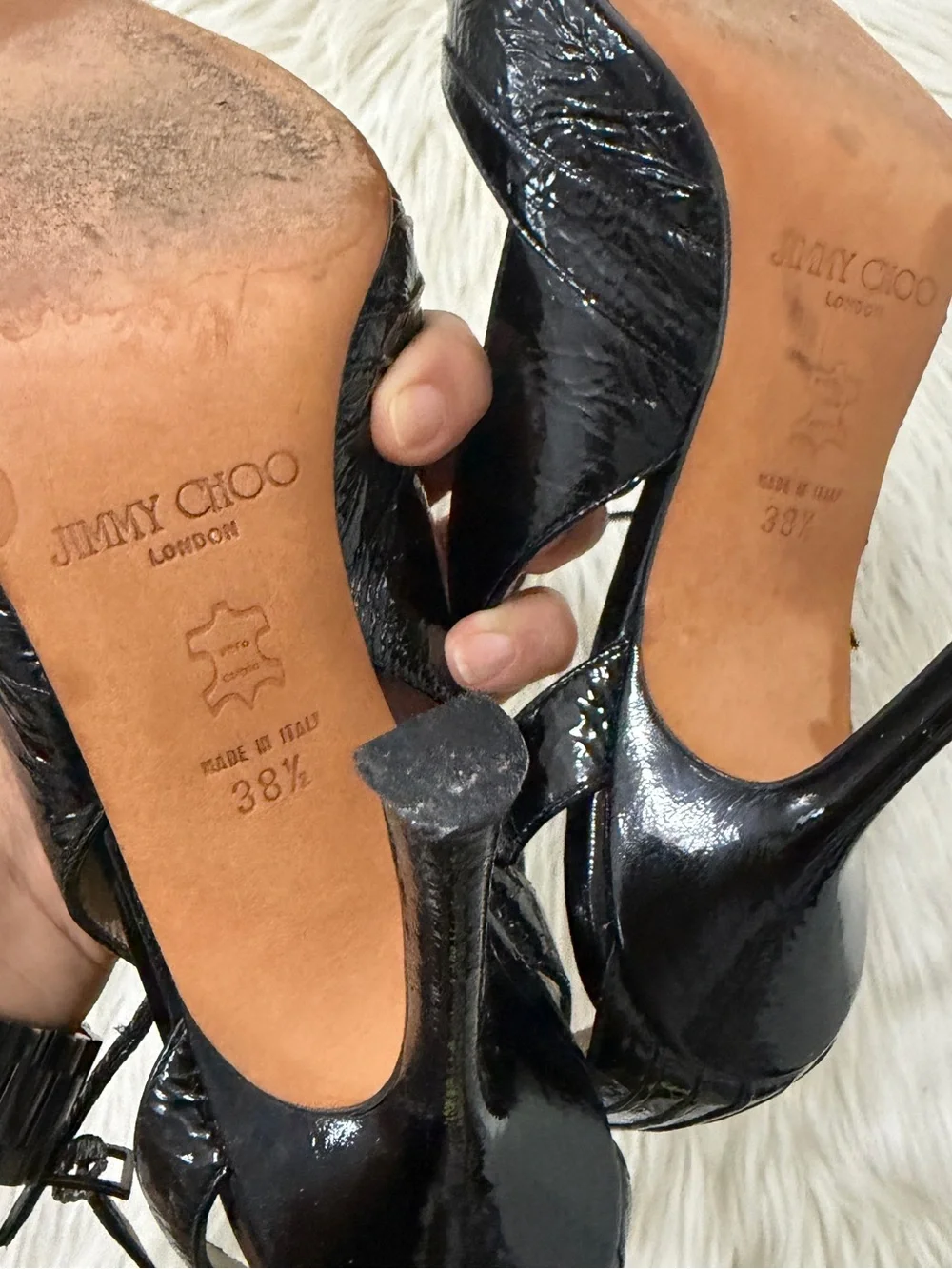 Jimmy Choo Black Patent Pointed Toe Strap Pumps